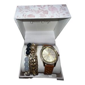 Jessica Carlyle Gold-Tone Brown Studded Strap Analog Watch & Bracelets New